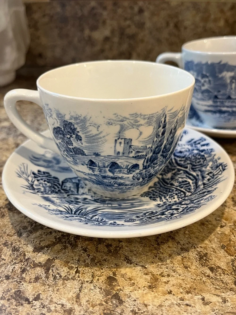 Wedgwood Countryside Teacups and Saucers Set of 2 Blue and White, England